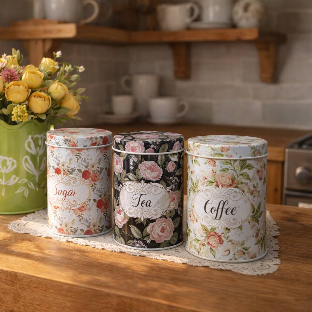 3 Pieces Floral Print Metal Storage Box With Lid